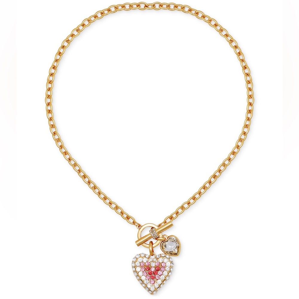 Gold Tone Heart Charm Necklace with Pink Crystal Accent